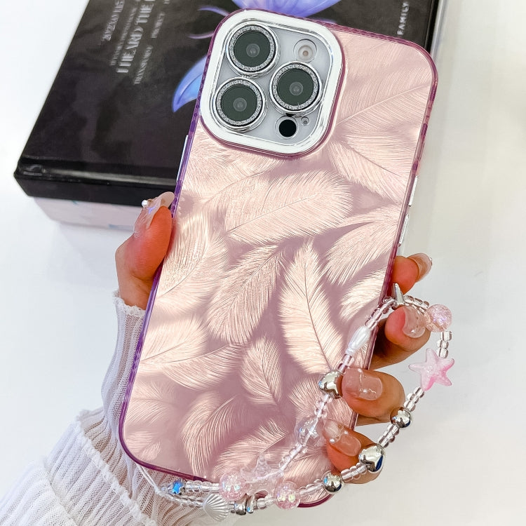 For iPhone 16 Pro Plating Glitter Texture Chain Wristband TPU Phone Case with Lens Film(Pink Feathers) - iPhone 16 Pro Cases by buy2fix | Online Shopping UK | buy2fix