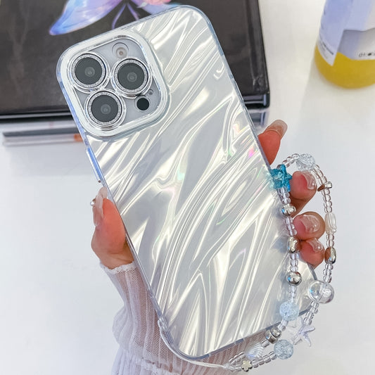 For iPhone 16 Plating Glitter Texture Chain Wristband TPU Phone Case with Lens Film(White Water Ripples) - iPhone 16 Cases by buy2fix | Online Shopping UK | buy2fix