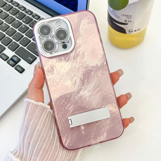 For iPhone 16 Pro Max Plating Glitter Texture Fold Holder TPU Phone Case with Lens Film(Pink Tinfoil Texture) - iPhone 16 Pro Max Cases by buy2fix | Online Shopping UK | buy2fix