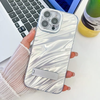 For iPhone 16 Pro Plating Glitter Texture Fold Holder TPU Phone Case with Lens Film(White Water Ripples) - iPhone 16 Pro Cases by buy2fix | Online Shopping UK | buy2fix