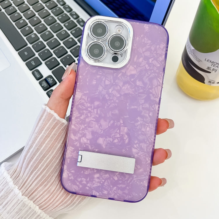 For iPhone 16 Pro Plating Glitter Texture Fold Holder TPU Phone Case with Lens Film(Purple Shell Pattern) - iPhone 16 Pro Cases by buy2fix | Online Shopping UK | buy2fix