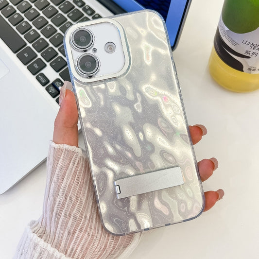 For iPhone 16 Plating Glitter Texture Fold Holder TPU Phone Case with Lens Film(White Wrinkles) - iPhone 16 Cases by buy2fix | Online Shopping UK | buy2fix