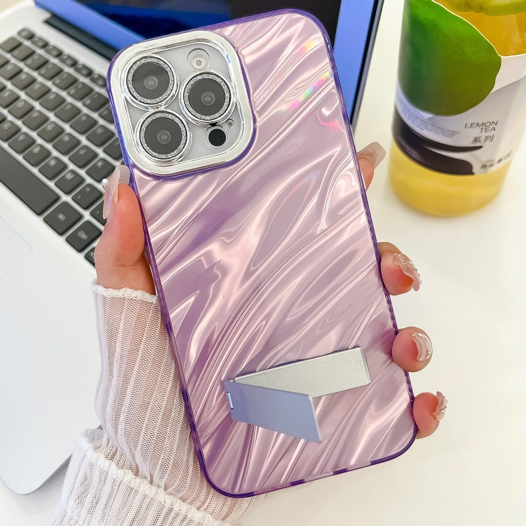 For iPhone 16 Plus Plating Glitter Texture Fold Holder TPU Phone Case with Lens Film(Pink Tinfoil Texture) - iPhone 16 Plus Cases by buy2fix | Online Shopping UK | buy2fix