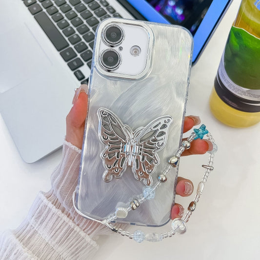 For iPhone 16 Plating Glitter Lens Film Texture Butterfly Holder Wristband Phone Case(White Feather Yarn) - iPhone 16 Cases by buy2fix | Online Shopping UK | buy2fix