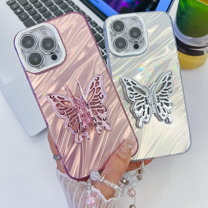 For iPhone 16 Plating Glitter Lens Film Texture Butterfly Holder Wristband Phone Case(Pink Wrinkles) - iPhone 16 Cases by buy2fix | Online Shopping UK | buy2fix