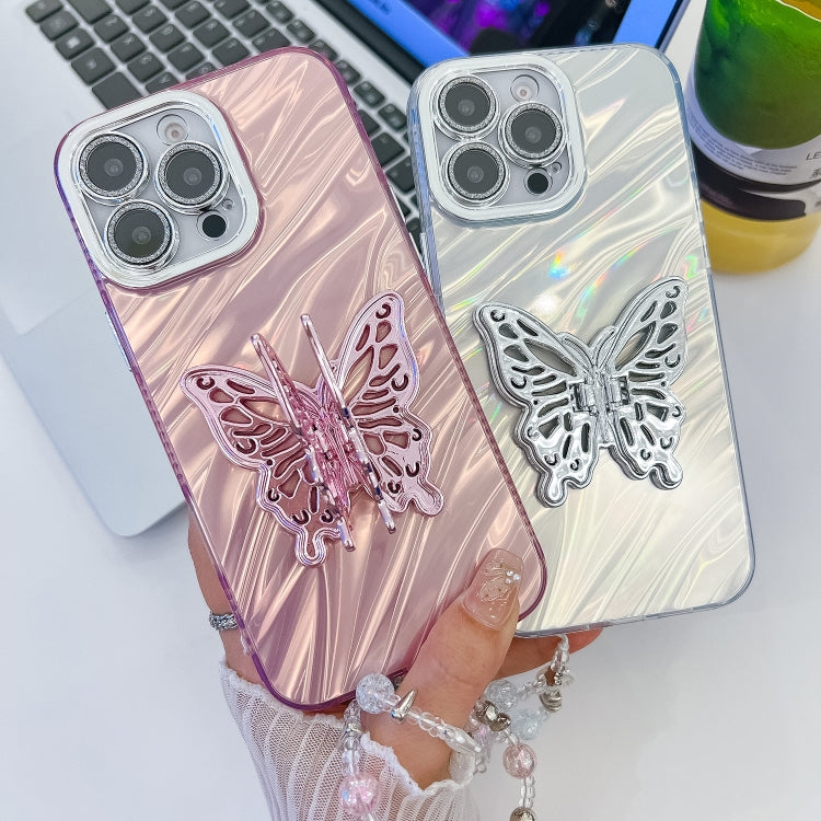 For iPhone 16 Pro Plating Glitter Lens Film Texture Butterfly Holder Wristband Phone Case(White Tinfoil Texture) - iPhone 16 Pro Cases by buy2fix | Online Shopping UK | buy2fix