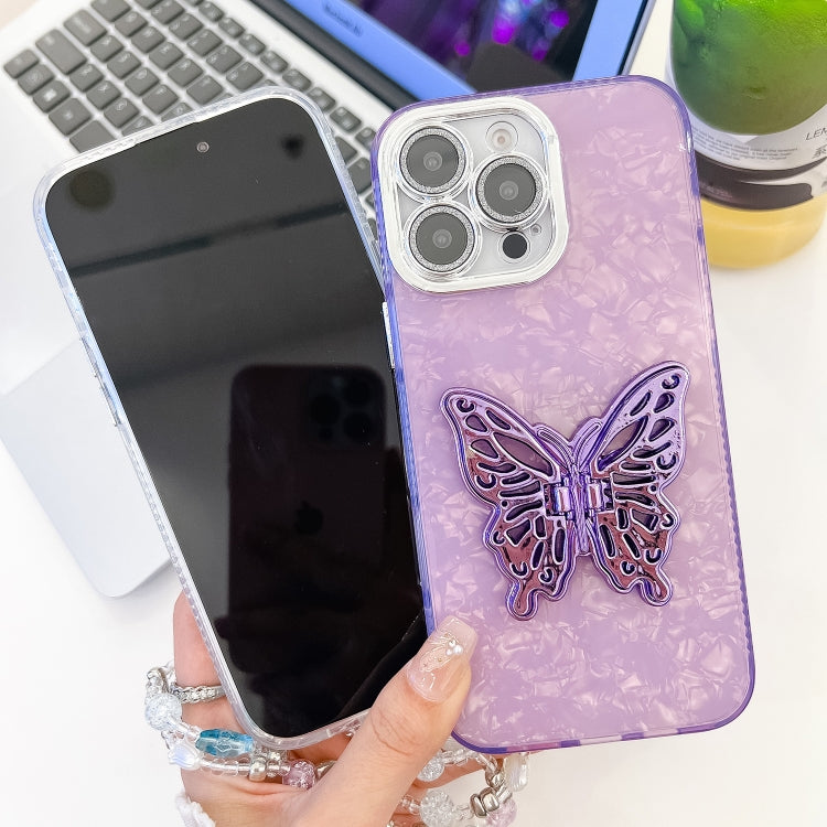 For iPhone 16 Plating Glitter Lens Film Texture Butterfly Holder Wristband Phone Case(Purple Shell Pattern) - iPhone 16 Cases by buy2fix | Online Shopping UK | buy2fix