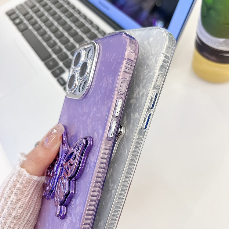 For iPhone 16 Pro Max Plating Glitter Lens Film Texture Butterfly Holder Wristband Phone Case(Purple Feather Yarn) - iPhone 16 Pro Max Cases by buy2fix | Online Shopping UK | buy2fix