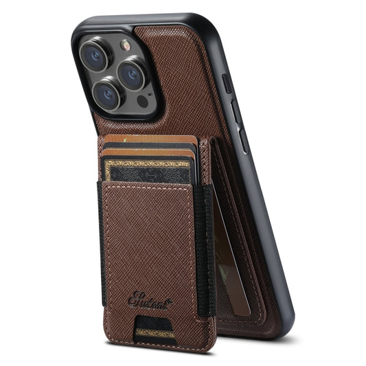 For iPhone 14 Pro Suteni H17 Cross Grain Leather MagSafe Detachable Wallet Phone Case(Brown) - iPhone 14 Pro Cases by Suteni | Online Shopping UK | buy2fix