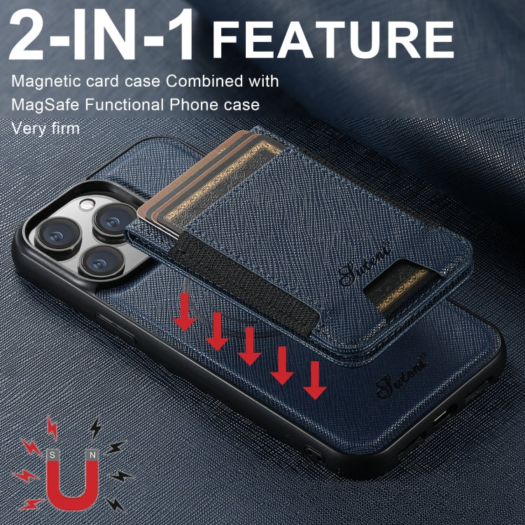 For iPhone 12 Pro Suteni H17 Cross Grain Leather MagSafe Detachable Wallet Phone Case(Blue) - iPhone 12 / 12 Pro Cases by Suteni | Online Shopping UK | buy2fix