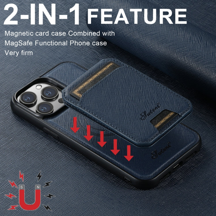 For iPhone 14 Plus Suteni H18 Cross Grain MagSafe Wallet Leather Phone Case(Blue) - iPhone 14 Plus Cases by Suteni | Online Shopping UK | buy2fix