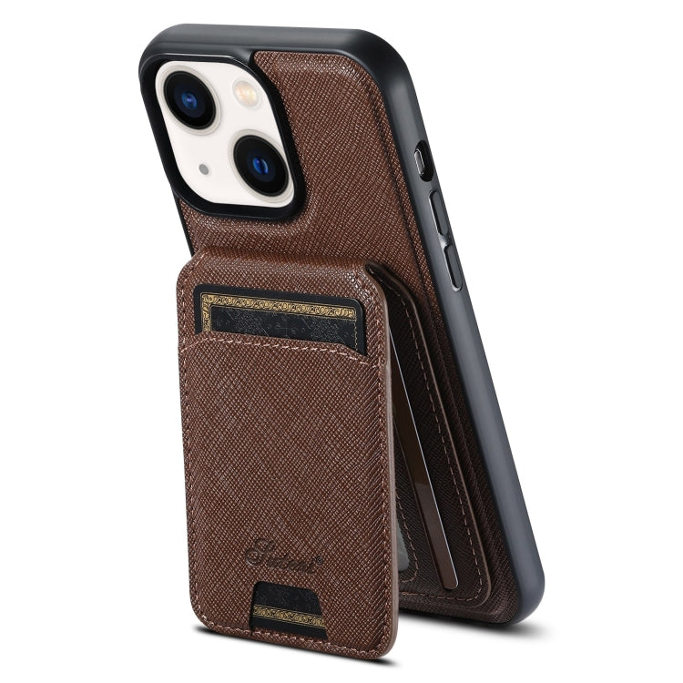 For iPhone 13 Suteni H18 Cross Grain MagSafe Wallet Leather Phone Case(Brown) - iPhone 13 Cases by Suteni | Online Shopping UK | buy2fix