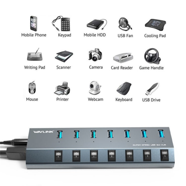 WAVLINK UH3076 5Gbps 7-port USB 3.0 Hub with Independent Switch and LED Indicator(UK Plug) - USB 3.0 HUB by WAVLINK | Online Shopping UK | buy2fix