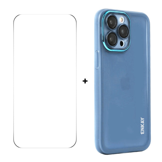 For iPhone 16 Pro ENKAY Hat-Prince Translucent Matte TPU Phone Case with Lens Film + 9H Big Arc Edge Film(Blue) - iPhone 16 Pro Cases by ENKAY | Online Shopping UK | buy2fix