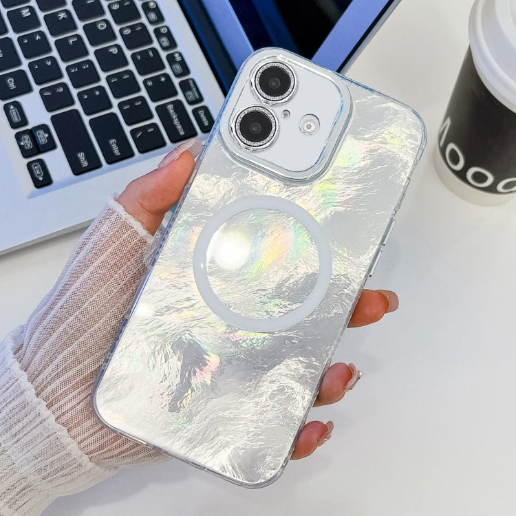 For iPhone 16 Plus Plating Texture MagSafe TPU Phone Case with Glitter Lens Film(White Tinfoil Texture) - iPhone 16 Plus Cases by buy2fix | Online Shopping UK | buy2fix