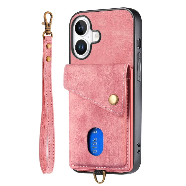 For iPhone 16 Retro Card Wallet Fold Leather Phone Case with Strap(Pink) - iPhone 16 Cases by buy2fix | Online Shopping UK | buy2fix