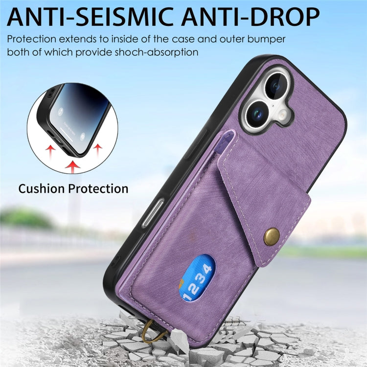 For iPhone 16 Retro Card Wallet Fold Leather Phone Case with Strap(Purple) - iPhone 16 Cases by buy2fix | Online Shopping UK | buy2fix