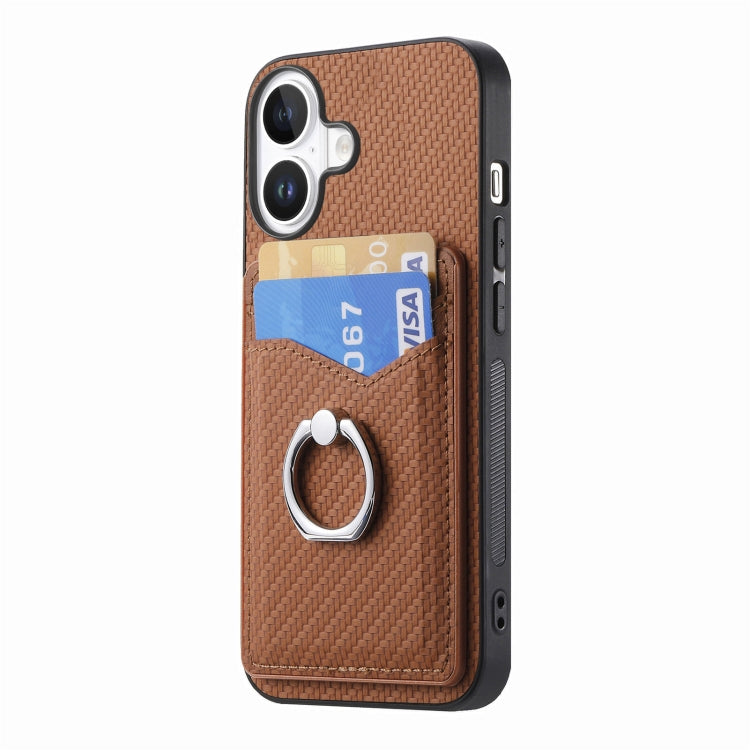 For iPhone 16 Carbon Fiber Card Wallet Ring Phone Case(Brown) - iPhone 16 Cases by buy2fix | Online Shopping UK | buy2fix