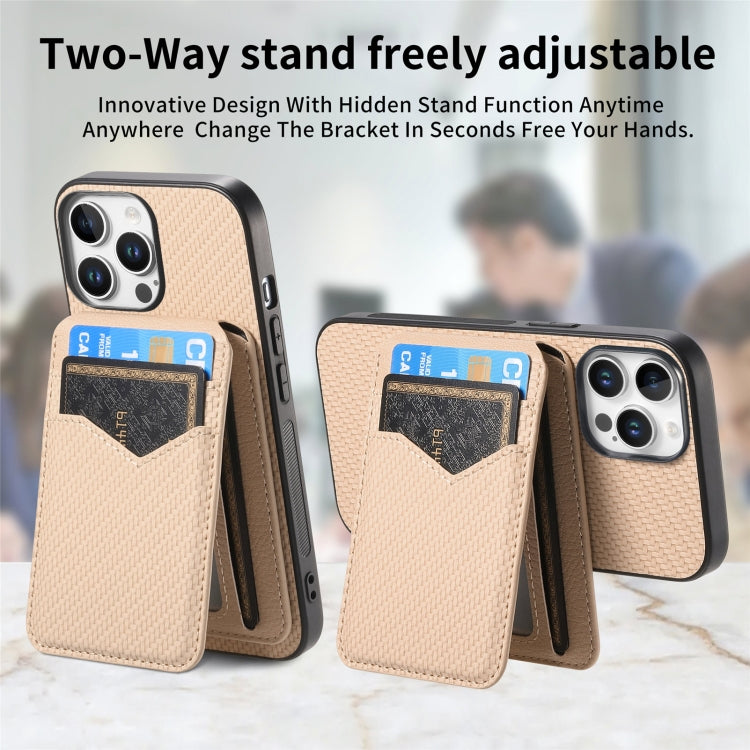 For iPhone 16 Pro Max Carbon Fiber MagSafe Vertical Flip Card Bag Phone Case(Khaki) - iPhone 16 Pro Max Cases by buy2fix | Online Shopping UK | buy2fix