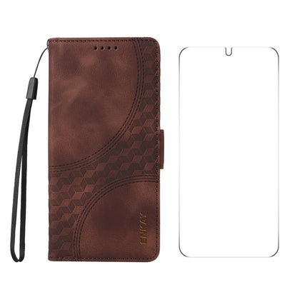 For Samsung Galaxy S25+ / S24+ 5G ENKAY Embossed Rhombus Starry Leather Phone Case with Screen Film(Brown) - Galaxy S24+ 5G Cases by ENKAY | Online Shopping UK | buy2fix