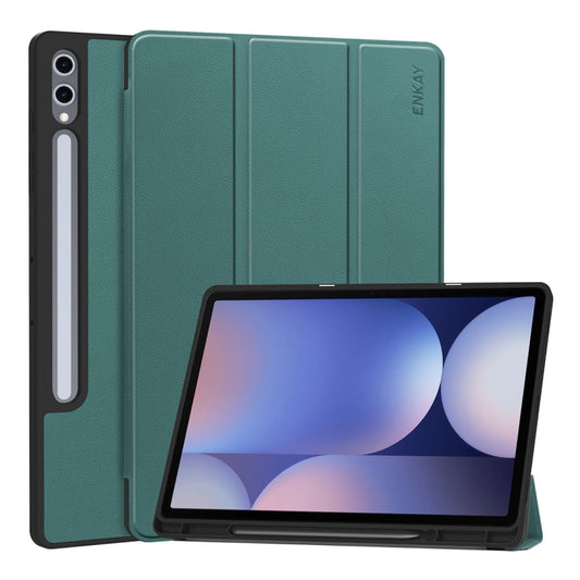 For Samsung Galaxy Tab S10 Ultra / S9 Ultra ENKAY Tri-fold Custer Texture TPU Leather Smart Tablet Case with Pen Slot(Dark Green) - Galaxy Tab S9 Ultra Cases by ENKAY | Online Shopping UK | buy2fix