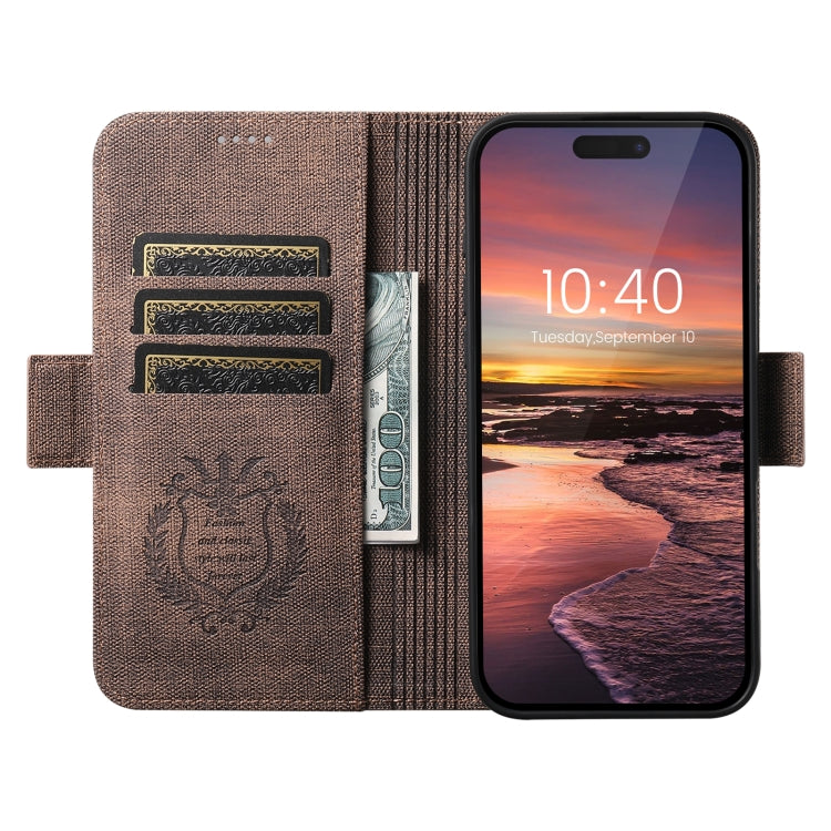 For iPhone 16 Suteni J07 Multi-functional Horizontal MagSafe Denim Leather Phone Case(Brown) - iPhone 16 Cases by Suteni | Online Shopping UK | buy2fix