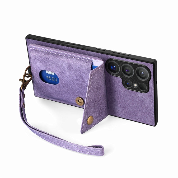 For Samsung Galaxy S25 Ultra 5G Retro Card Wallet Fold Leather Phone Case with Strap(Purple) - Galaxy S25 Ultra 5G Cases by buy2fix | Online Shopping UK | buy2fix