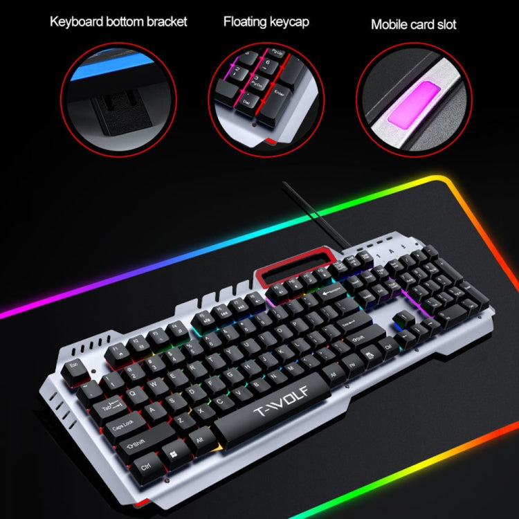 T-WOLF 130cm Line Length Cool Lighting Effect Metal Plate Gaming Wired Keyboard With Phone Holder(T16) - Wired Keyboard by T-WOLF | Online Shopping UK | buy2fix