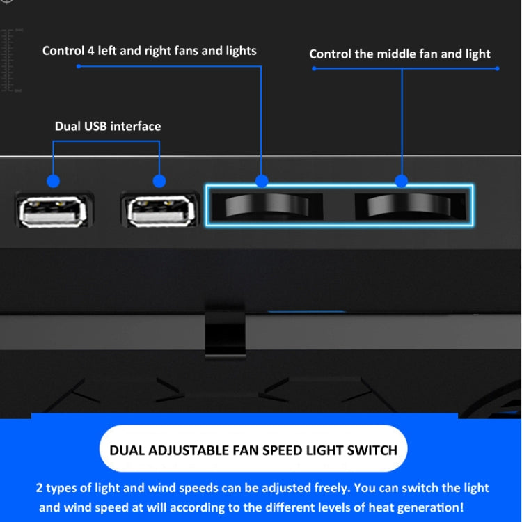 NUOXI 5 Fans Laptop Radiator Bracket Height Adjustable with Dual USB Ports(Black and Blue) - Cooling Pads by NUOXI | Online Shopping UK | buy2fix