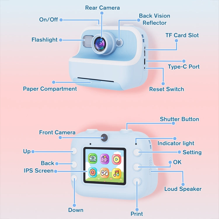 M8 2.4-Inch 1080P HD 2400W Pixel Dual-Camera Children Thermal Printing Camera, Color: Blue+32GB - Children Cameras by buy2fix | Online Shopping UK | buy2fix