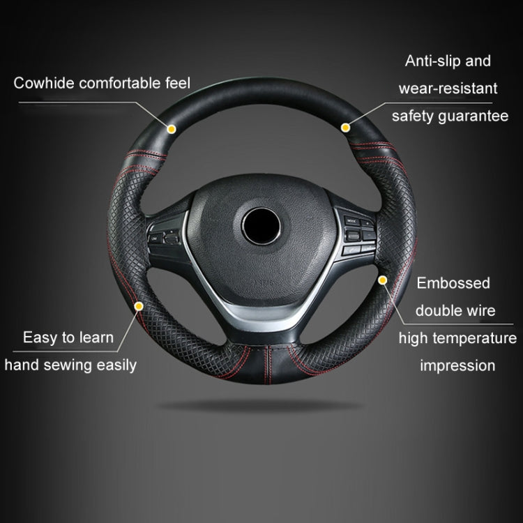 38cm Cowhide Embossed Hand-Stitched Double-Line Steering Wheel Cover(Black Red Line) - Steering Wheel Accessories by buy2fix | Online Shopping UK | buy2fix