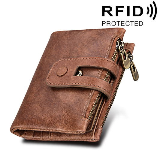 Genuine Cowhide Leather Crazy Horse Texture Zipper 3-folding Card Holder Wallet RFID Blocking Coin Purse Card Bag Protect Case for Men, Size: 12*9.5*3.5cm(Taupe) - Antimagnetic RFID Package by buy2fix | Online Shopping UK | buy2fix