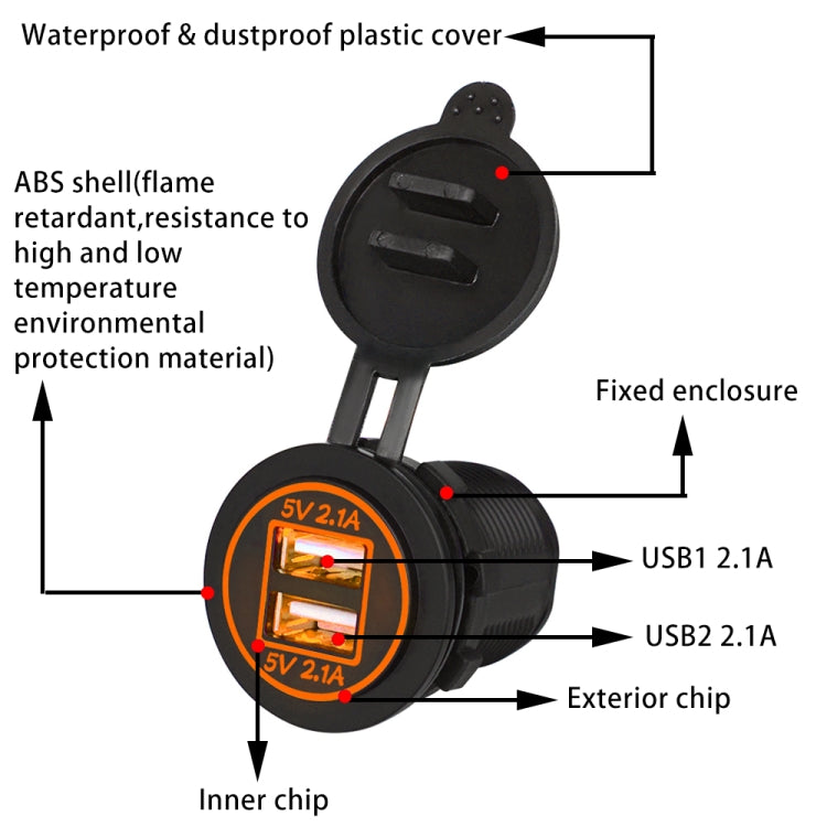 Universal Car Charger 2 Port Power Socket Power Dual USB Charger 5V 4.2A IP66 with Aperture (Orange Light) - In Car by buy2fix | Online Shopping UK | buy2fix