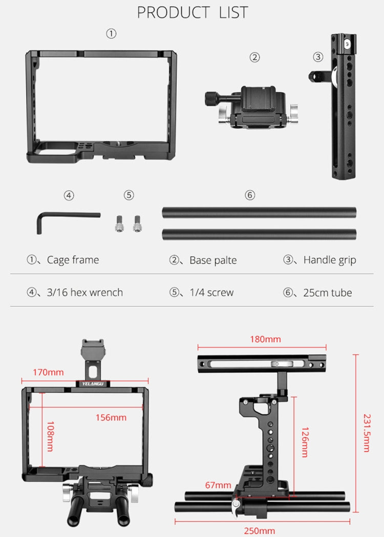 YELANGU C18 YLG0915A-C Video Camera Cage Stabilizer with Handle & Rail Rod Mount for Panasonic Lumix DC-S1H / DC-S1 / DC-S1R(Black) - Camera Cage by YELANGU | Online Shopping UK | buy2fix