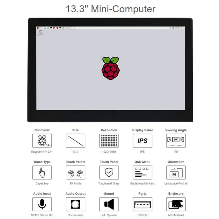 Waveshare 13.3 inch Mini-Computer Powered by Raspberry Pi 3A+, HD Touch Screen(EU Plug) - Modules Expansions Accessories by WAVESHARE | Online Shopping UK | buy2fix