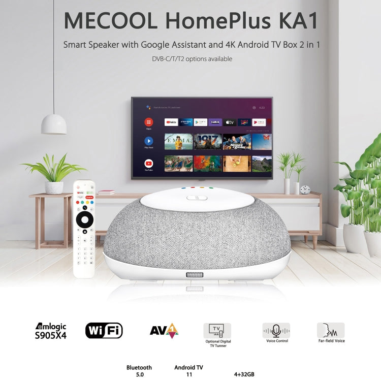 MECOOL KA1 Smart TV Speaker Android 11 TV Box with Remote Control, Amlogic S905X4 Quad Core Cortex-A55, 4GB+32GB, Dual-Band / Bluetooth / Ethernet / DVB-T/T2 / DVB-C(EU Plug) - Consumer Electronics by MECOOL | Online Shopping UK | buy2fix