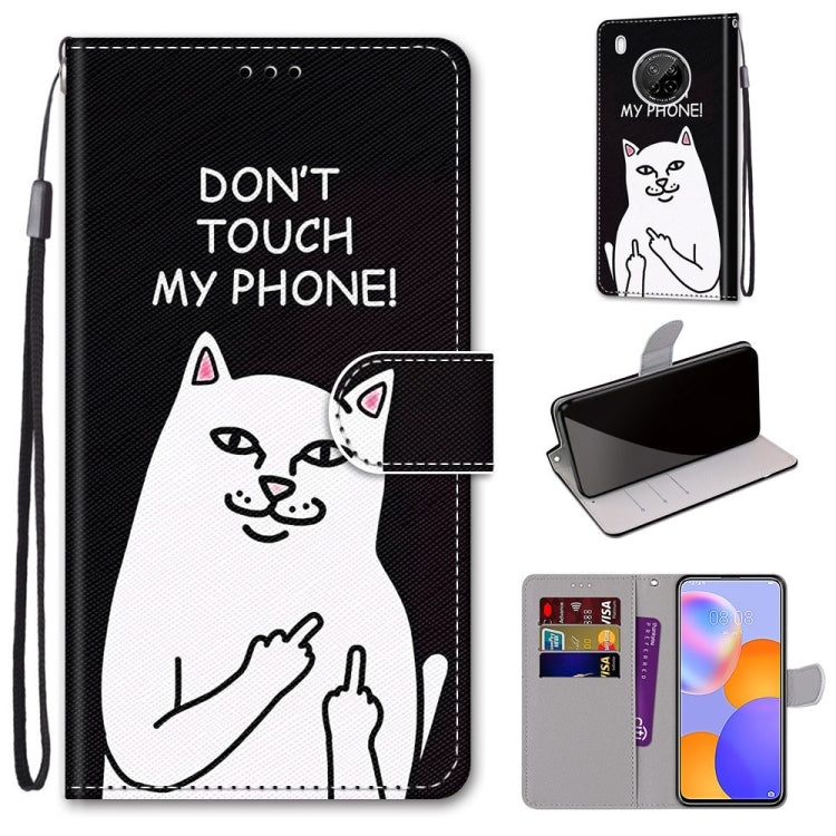 For Huawei Y9a Coloured Drawing Cross Texture Horizontal Flip PU Leather Case with Holder & Card Slots & Wallet & Lanyard(Middle Finger White Cat) - Huawei Cases by buy2fix | Online Shopping UK | buy2fix