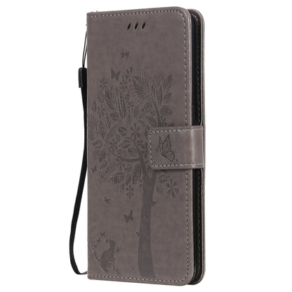 For OPPO Reno5 5G Tree & Cat Pattern Pressed Printing Horizontal Flip PU Leather Case with Holder & Card Slots & Wallet & Lanyard(Gray) - OPPO & vivo Accessories by buy2fix | Online Shopping UK | buy2fix