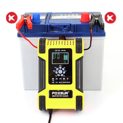 FOXSUR 12A / 12V / 24V Car / Motorcycle 7-stage Lead-acid Battery AGM Charger, Plug Type:JP Plug(Yellow) - In Car by FOXSUR | Online Shopping UK | buy2fix