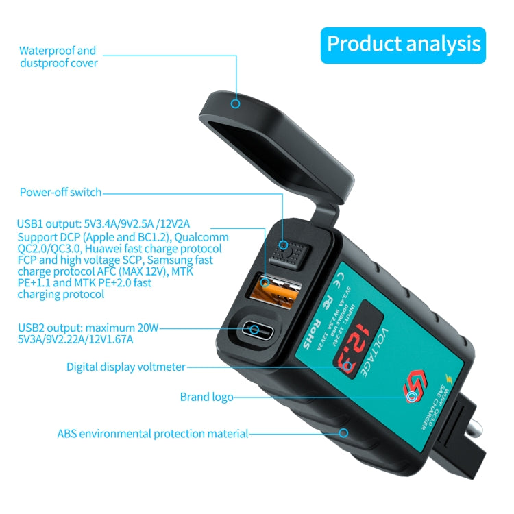 WUPP ZH-1422B2 DC12-24V Motorcycle Square Single USB + PD Fast Charging Charger with Switch + Voltmeter + Integrated SAE Socket + 1m SAE Socket Cable - In Car by WUPP | Online Shopping UK | buy2fix