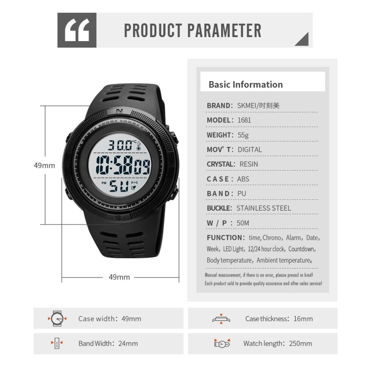 SKMEI 1681 Multifunctional LED Digital Display Luminous Electronic Watch, Support Body / Ambient Temperature Measurement(Black) - LED Digital Watches by SKMEI | Online Shopping UK | buy2fix