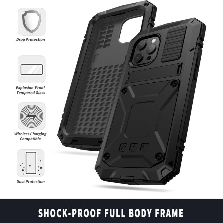 For iPhone 13 Pro Max R-JUST Shockproof Waterproof Dust-proof Metal + Silicone Protective Case with Holder (Black) - Apple Accessories by R-JUST | Online Shopping UK | buy2fix