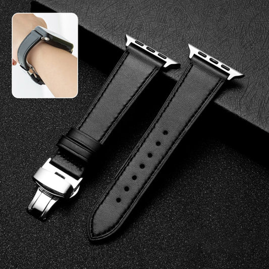 Butterfly Clasp  Top Layer Cowhide Leather Strap Watch Band For Apple Watch Series 8&7 41mm / SE 2&6&SE&5&4 40mm / 3&2&1 38mm(Black) - Watch Bands by buy2fix | Online Shopping UK | buy2fix