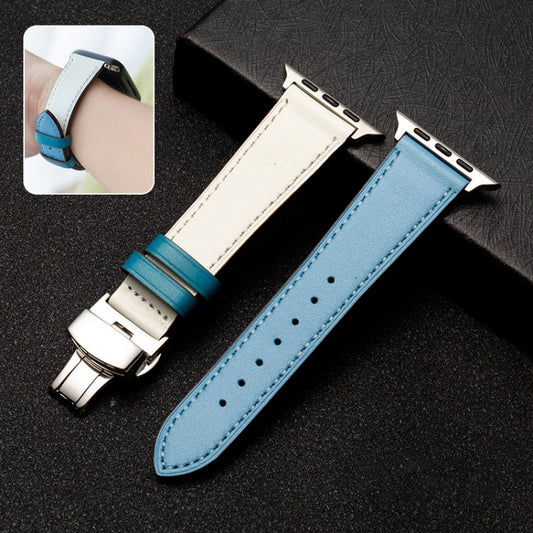 Butterfly Clasp  Top Layer Cowhide Leather Strap Watch Band For Apple Watch Ultra 49mm / Series 8&7 45mm / SE 2&6&SE&5&4 44mm / 3&2&1 42mm(Baby Blue) - Watch Bands by buy2fix | Online Shopping UK | buy2fix