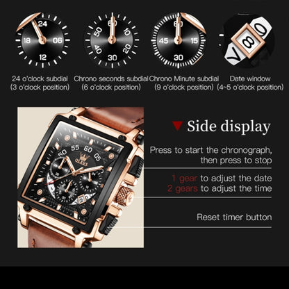 OLEVS 9919 Square Dial Chronograph Luminous Quartz Watch for Men(Black Leather Silver Shell Black Surface) - Outdoor & Sports by OLEVS | Online Shopping UK | buy2fix