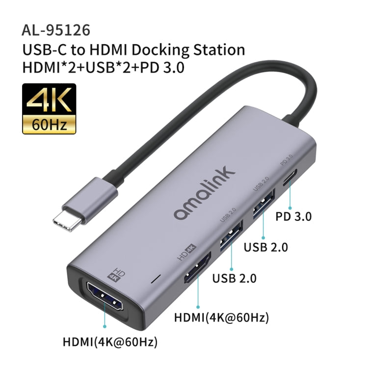 amalink 95126 Type-C / USB-C to Dual HDMI + 2 Ports USB + PD 3.0 Multi-function HUB(Grey) - USB HUB by amalink | Online Shopping UK | buy2fix