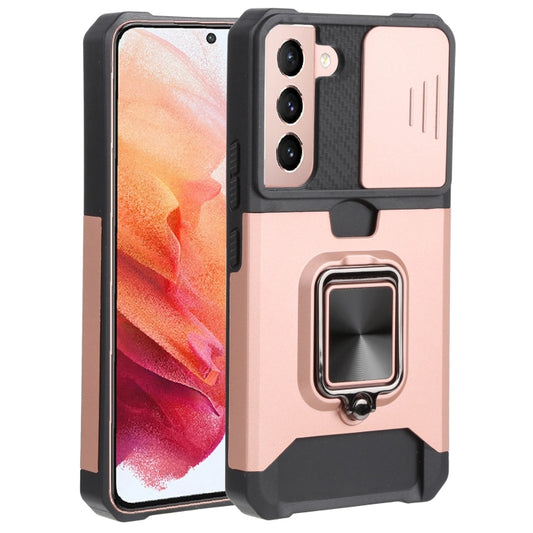 For Samsung Galaxy S22 5G Sliding Camera Cover Design PC + TPU Shockproof Phone Case with Ring Holder & Card Slot(Rose Gold) - Samsung Accessories by buy2fix | Online Shopping UK | buy2fix