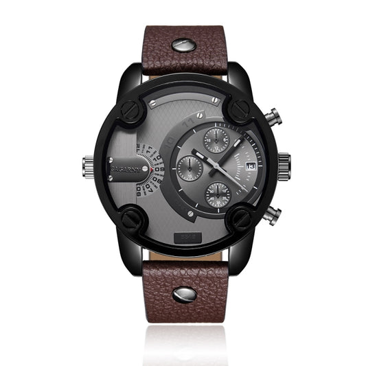 CAGARNY 6819 Multifunctional Dual Time Zone Quartz Business Sport Watch for Men(Black Shell Grey Surface Brown Leather) - Leather Strap Watches by CAGARNY | Online Shopping UK | buy2fix