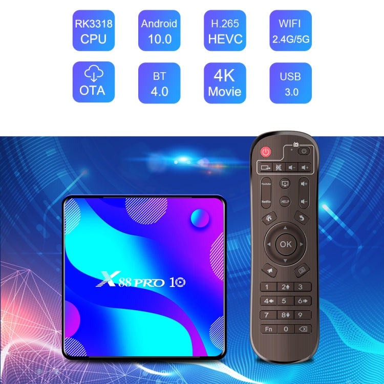 X88 PRO10 4K Smart TV BOX Android 11.0 Media Player, RK3318 Quad-Core 64bit Cortex-A53, RAM: 4GB, ROM: 32GB(US Plug) - Consumer Electronics by buy2fix | Online Shopping UK | buy2fix