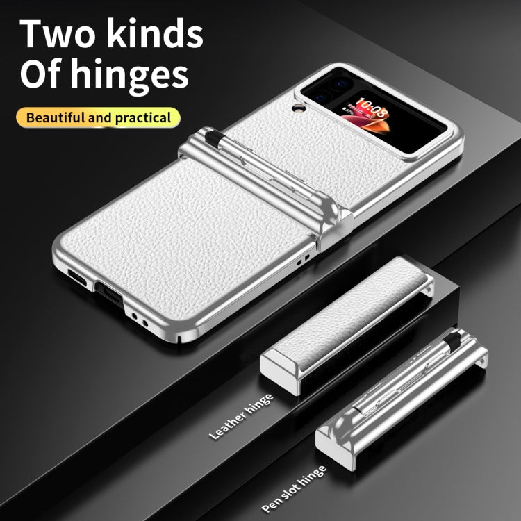 For Samsung Galaxy Z Flip4 Litchi Texture Leather Hinged Electroplated Phone Case with Pen(Silver White) - Samsung Accessories by buy2fix | Online Shopping UK | buy2fix